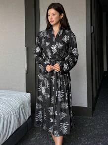 DAZY Leaf Print Full Pattern Turndown Collar Loose Bathrobe Pajama - Black - View 7
