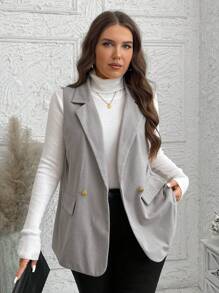 SHEIN LUNE Plus Size Women Lapel Collar Sleeveless Minimalistic Tweed Blazer Jacket Vest Fall Clothes Clothes Winter Clothes Business Casual Woman Work Blazer Business Blazer