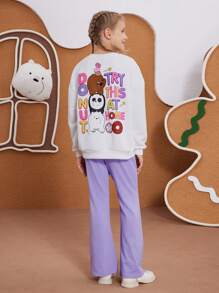 We Bare Bears X SHEIN Tween Girl Cartoon Bear Graphic Knit Crew Neck Loose Sweatshirt & Solid Flare Pants Casual 2pcs Set - Purple - View 3