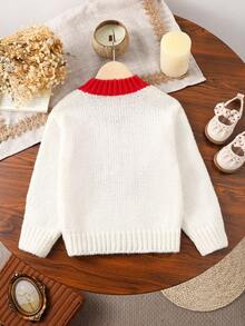 Young Girl And Young Girl Sweater, Chunky Knit Heart Pattern Jacquard Loose Lantern Sleeve Stand Collar, Adorable & Elegant, Comfortable & Warm Casual Knit Cardigan, Autumn/Winter - Red and White - View 2