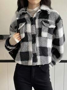 DAZY Plaid Fleece Loose Casual Short Jacket For Women, Autumn/Winter