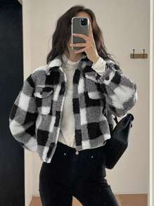 DAZY Plaid Fleece Loose Casual Short Jacket For Women, Autumn/Winter