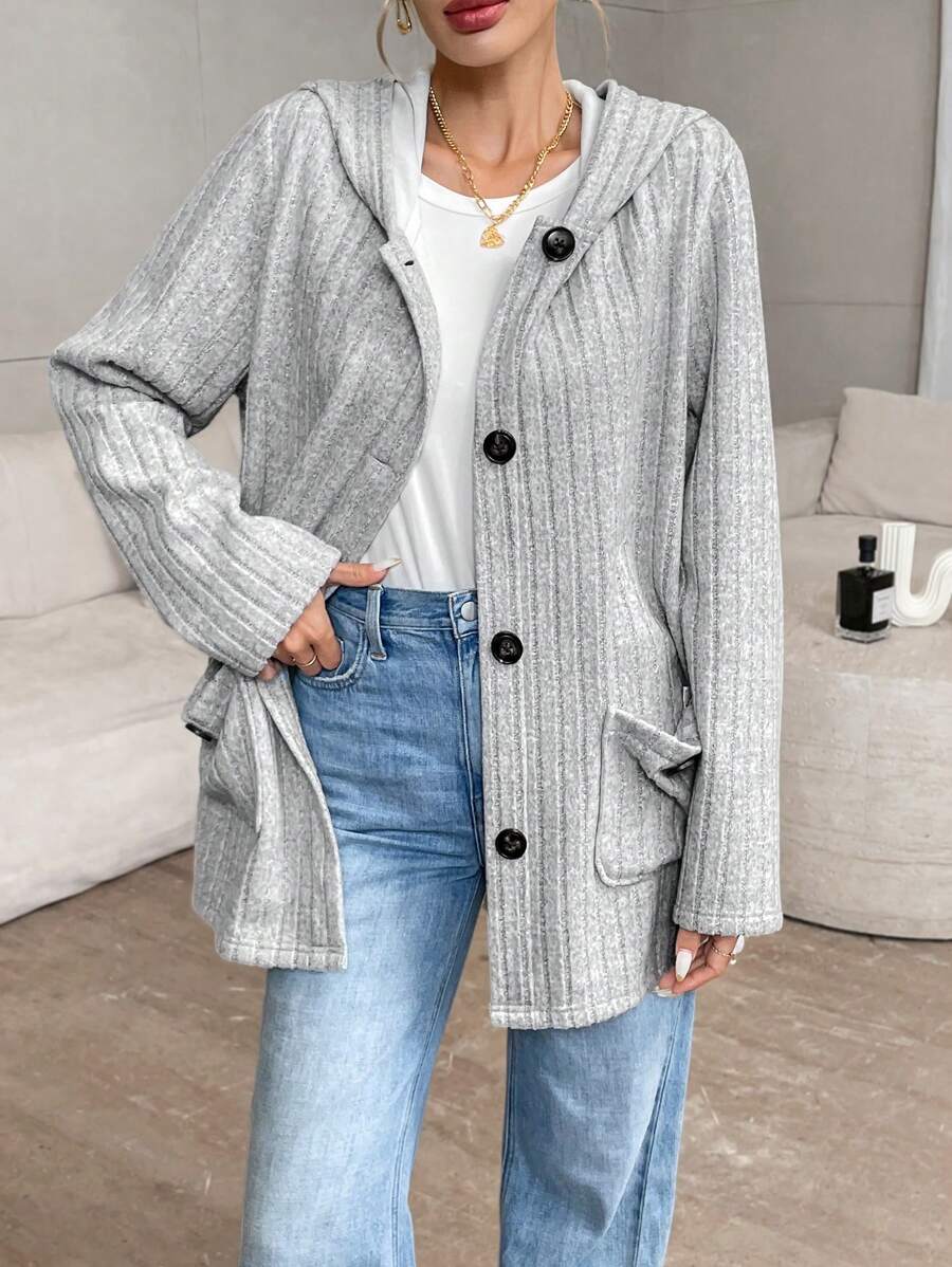 SHEIN Privé Women Grey Hooded Fleece Loose Jacket - Grey - View 1