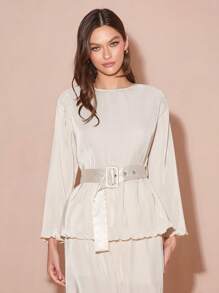 Enchnt Women Casual Solid Color Pleated Long Sleeve Top, Autumn - Apricot - View 3