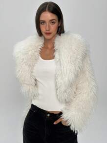 Aloruh Women Winter Coats,Fluffy Coats,White Fur Coats,Commuter Coats,Warm Jacket,Elegant Business Commuting Daily Casual Street Warm Jacket Fashion Solid Color Long Sleeve Fluffy Casual Jacket - Beige - View 4