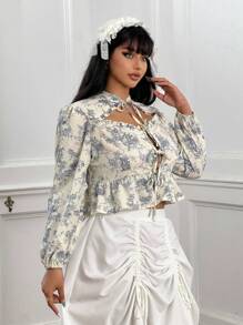 Lyrianda Plus Size Women Floral Print Tie Neck Puff Sleeve Elegant Blouse, Spring Summer