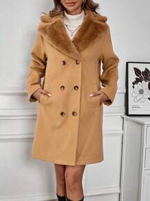 SHEIN Clasi 1 Áo len dài tay cổ lông rộng rãi màu trơn, thu/đông - màu nâu - Xem 6