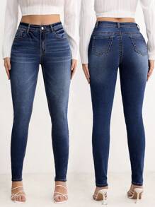 SHEIN LUNE Jeans de mezclilla minimalistas con bolsillo y botones frontales para mujer, uso casual diario