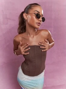 MISSGUIDED Boned Mesh Corset Bandeau Top - Brown - View 1