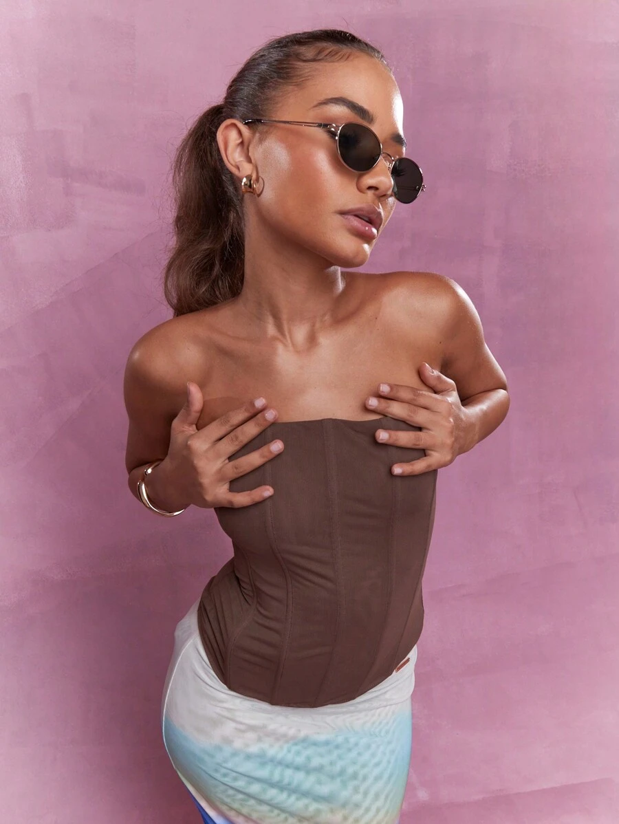 MISSGUIDED Boned Mesh Corset Bandeau Top - Brown - View 1
