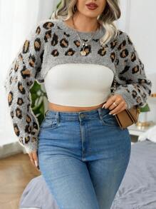 SHEIN Essnce Maglione oversize in maglia a goccia con stampa leopardata, morbido e ampio, super corto, per l'inverno e l'autunno - Grigio - Visualizzare 5