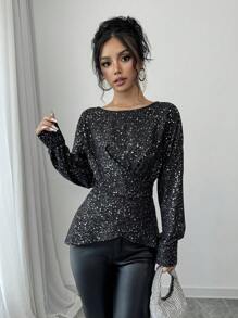 Calvaya 1 szt. Elegancka wysokiej jakości asymetryczna srebrna folia krzyżowa bluzka z długim rękawem dla kobiet z peplum