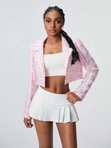 TRNVIE Pink Plaid Cropped Blazer Jacket, Fashion Design For Autumn Fall Cloth For Women - Pink - View 1