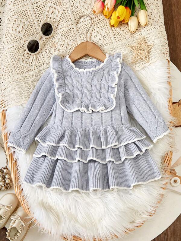 Baby Girls Floral Pattern Ruffle-Trim Knitted Dress, Soft & Comfy For Casual, Outdoor, Travel, Vacation, Home, Daycare, Play And School Wear