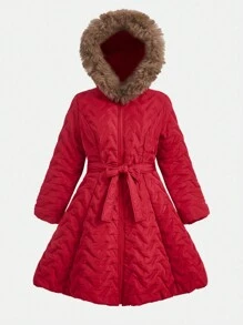 Flirla Plus Size Zip-Front Plush Collar Padded Padded Padded Coat, For Winter Clothes Fall Cloth For Women - Red - View 7