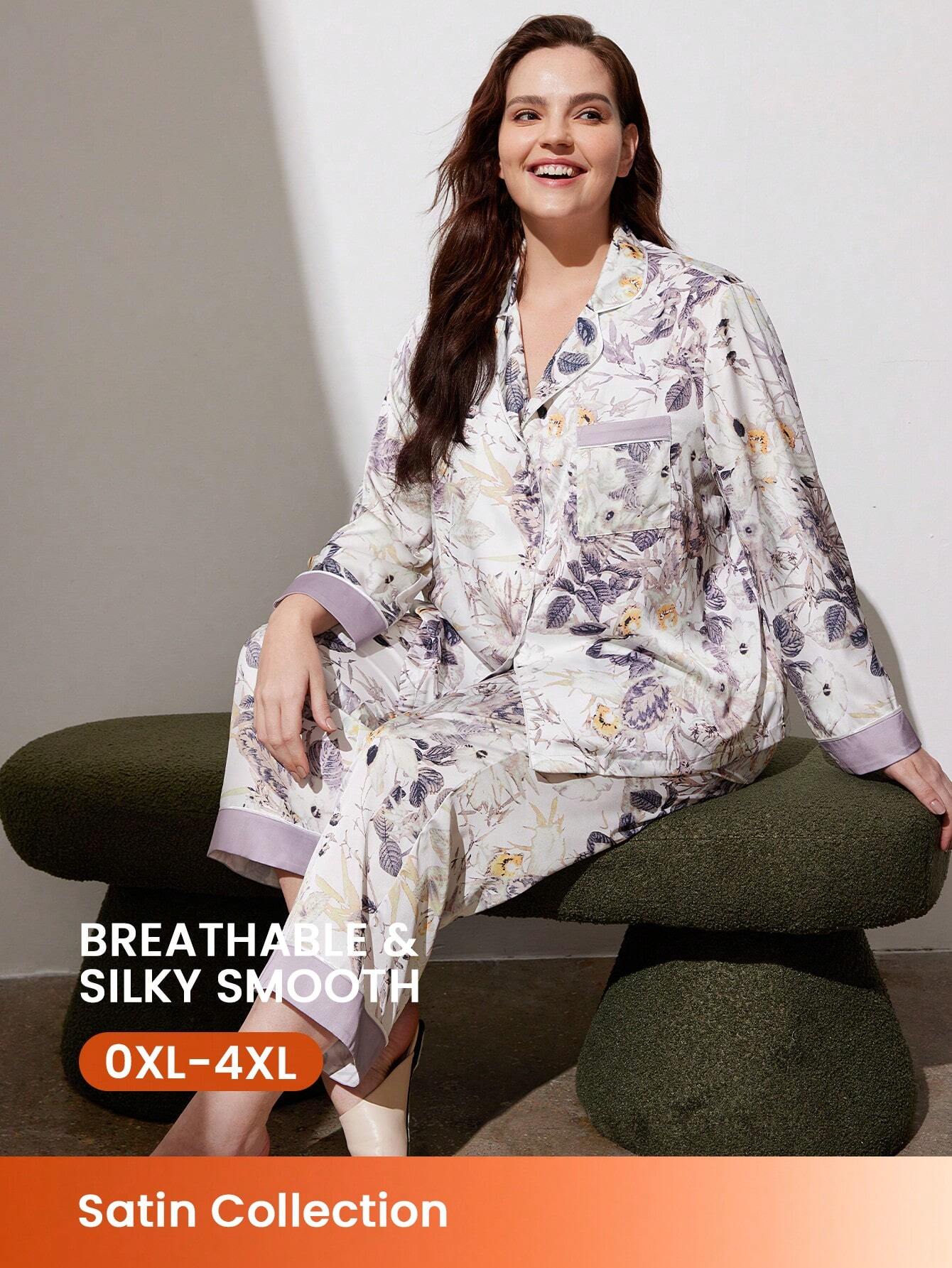 Conjunto de pijama largo de satén con estampado floral para mujer talla grande, ideal para otoño e invierno. Juego de ropa de descanso elegante y cómodo para mujer