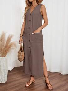 SHEIN LUNE Robe longue femme sans manches style lin, col en V, avec boutons ouverts, poche et fente fendue