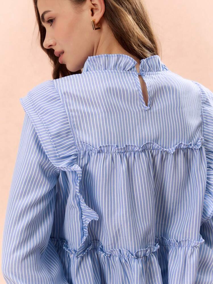 Blouse décontractée à manches longues avec volant et imprimé rayé pour femmes