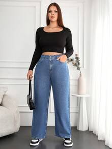 RueChic Plus Size  High Waist Wide Leg Jeans - Blue - View 4