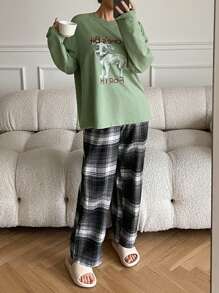 DAZY Conjunto de pijama con 2 piezas: Top con estampado de perro y pantalón de franela a cuadros - Verde - Ver 5