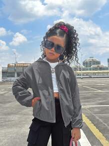 SHEIN Leap Crew Tween 女童宽松休闲字母印花连帽轻便夹克 - 淺灰色 - 查看 5
