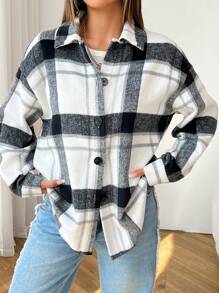 SHEIN PETITE Blusa de manga larga con botones delanteros a cuadros para mujer, uso casual diario - Blanco y Negro - Ver 6