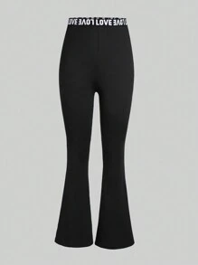 Teen Girl Flared Black Casual Leggings With Love Jacquard Elastic Waistband, Versatile Bottoms - Black - View 1