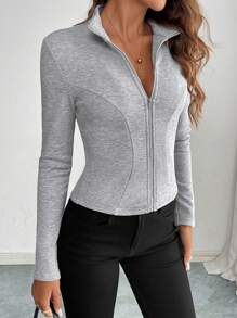 SHEIN Privé Chaqueta deportiva casual con estilo, de cuello alto, cremallera y manga larga ajustada para mujer