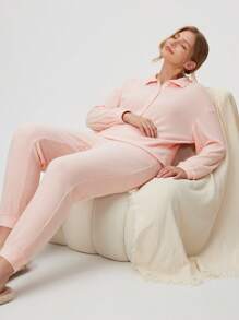 LUVLETTE Women Pink Winter Soft Waffle Collared Button Pullover Long Pajama Loungewear Lightweight Set Lounge Set Sport Casual Comfy Outfits Activewear Lingerie As Outerwear - Baby Pink - View 7