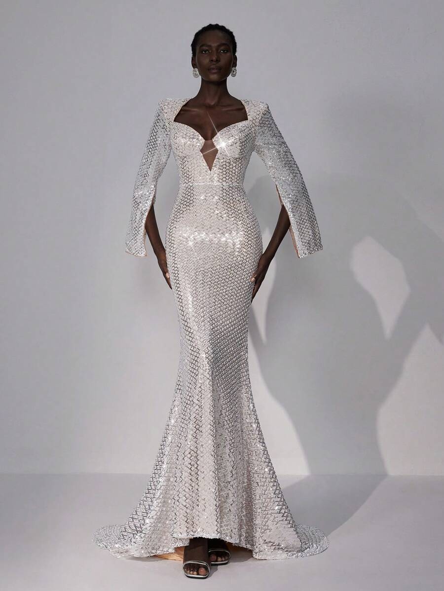 Elitara Elegant White & Champagne Color Novelty Sequin Shoulder Pad Long Lantern Sleeve V Neck Mesh Insert High Waist Mermaid Tail Maxi Evening Gown With Train, Formal Dress Long Sleeve Wedding Guest Dress, For Graduation - White - View 1