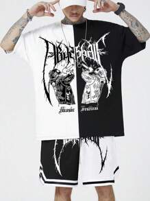 ROMWE MEN Grunge Punk Camiseta con gráfico de esqueleto de dos tonos y pantalones cortos con cordón en la cintura para hombres, escuela - Blanco y Negro - Ver 1