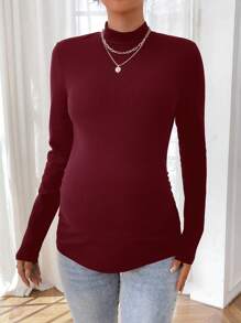 SHEIN 1 件孕妇秋季立领长袖罗纹修身 T 恤，适合孕妇 - 酒紅色 - 查看 3