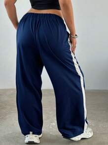 Flirla 大码秋季休闲运动撞色松紧腰长裤 - 藍色 - 查看 2