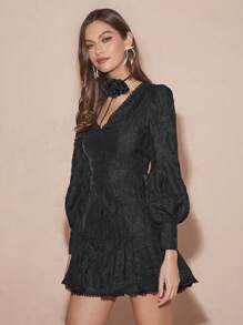 Enchnt Women Floral Jacquard V-Neck Long Sleeve Ruffle Hem Short Elegant Dress