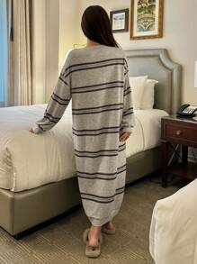 DAZY Fleece Floral Striped Loose Fit Lounge Dress For Winter, Moo Moo, For Fall Winter Pajama, Cozy Outfit