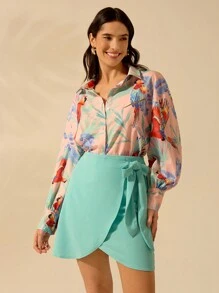 CAJUNI Women's Boho Colorful Parrot Print Loose Fit Drop Shoulder Long Sleeve Blouse, Casual Summer Beach Vacation