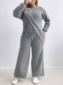 SHEIN LUNE Plus Size Casual Solid Color Stand Collar Cross Wrap Front Sweater And Drawstring Waist Wide Leg Sweater Pants Set Fall Cloth For Women - Grey - View 6