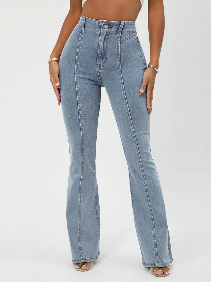 SHEIN SXY Quần Jeans Ống Loe Ôm Vừa Vặn Thường Ngày - Rửa trung bình - Xem 1