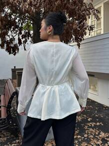 Flirla Plus Size 1pc Women's Casual & Romantic Pleated Sheer Long Sleeve Business Shirt