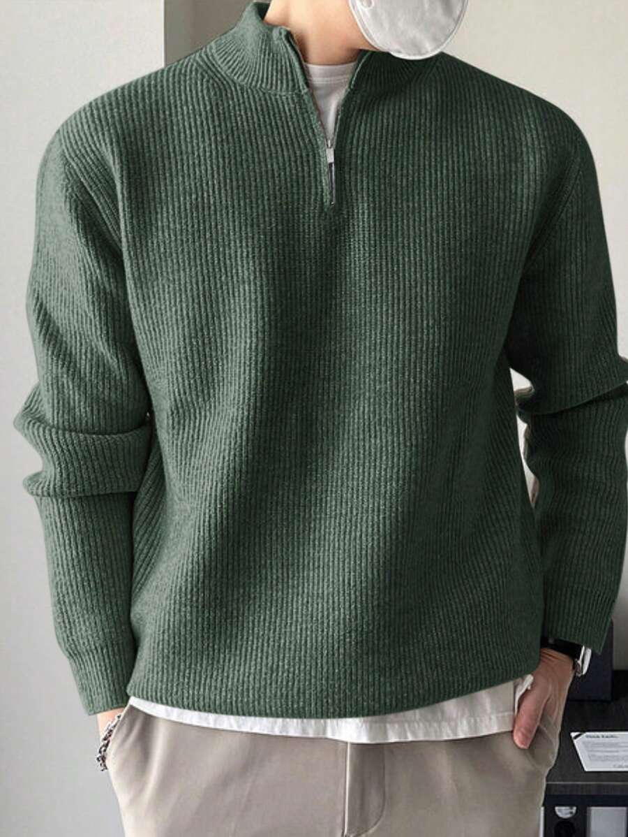 DAZY 男士简约时尚拉链长袖针织衫，适合秋冬季穿着，四分之一拉链设计 - 綠色 - 查看 1