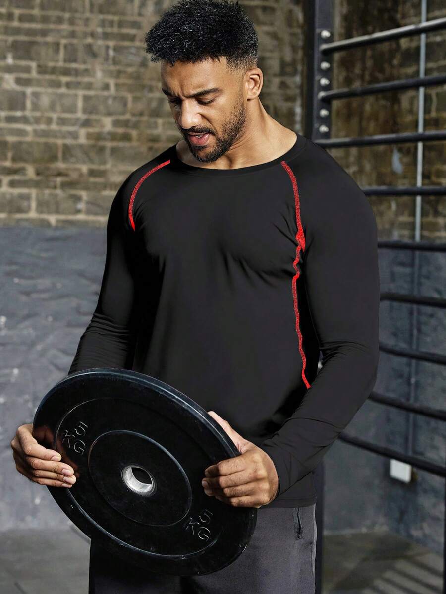 Manfinity Fitness Áo thun thể thao dài tay cổ tròn phối màu trơn dành cho nam cỡ lớn, kiểu dáng casual, chất liệu co giãn. - màu đen - Xem 1