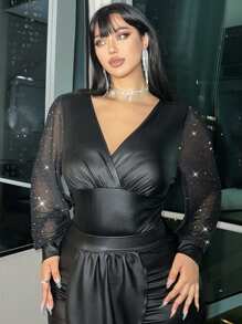 Allurite Plus Size V-Neck Ruched Mesh Sequins Lantern Sleeve Sexy Sheer Bodysuit For Party