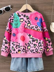 SHEIN Áo nỉ dài tay cổ tròn in họa tiết da báo và hoa phong cách đường phố giản dị cho bé gái dùng hàng ngày và đi nghỉ, phù hợp cho mùa thu/đông - Hồng - Xem 2