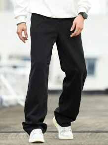 Manfinity Homme Jeans rectos y sueltos de unicolor y versátiles para hombre - Negro - Ver 3