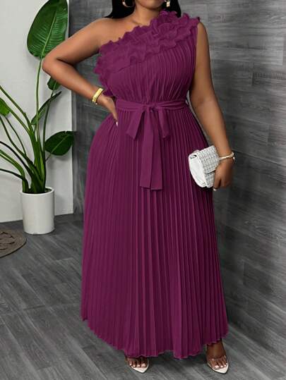 Slaydiva 大码优雅奢华不对称肩部荷叶边饰边收腰夏季连衣裙（杏色）