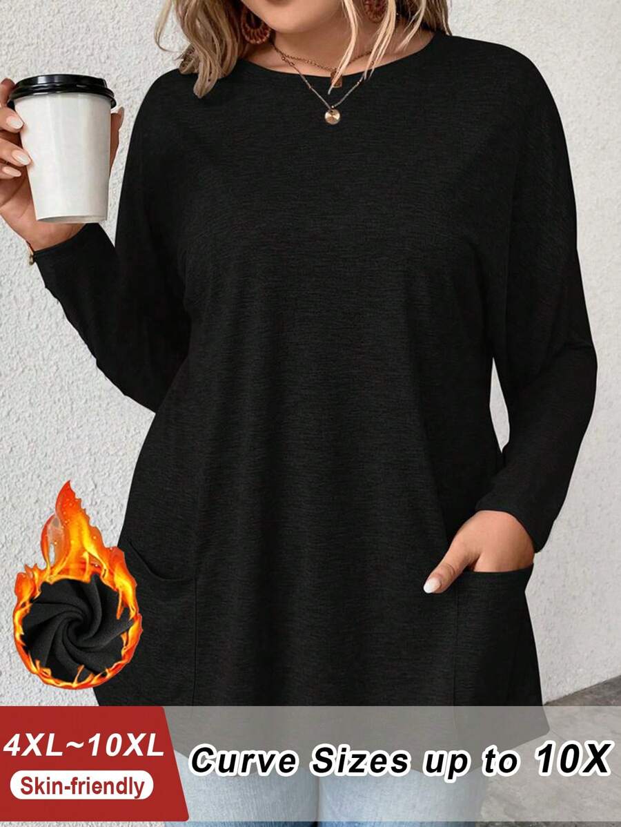 SHEIN CURVE+ 大码高领天鹅绒衬里保暖黑色 T 恤（带口袋），适合秋冬季