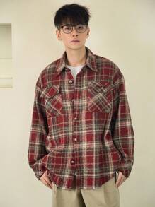 DAZY 男士秋季格纹落肩长袖口袋宽松休闲衬衫