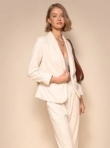SHEIN Unity 纯色褶皱长袖灯芯绒无扣休闲长款大衣 - 杏色 - 查看 4