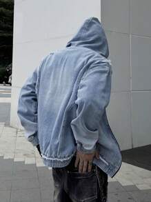 Manfinity EMRG 男士仿旧洗水拉链牛仔夹克，适合休闲外出 - 藍色 - 查看 5