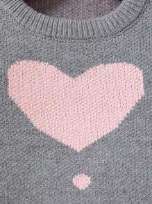 SHEIN 女婴心形和波尔卡圆点印花长袖圆领针织毛衣裙，柔软舒适，适合日常穿着、外出、旅行、度假、居家、日托和女婴玩耍 - 灰色 - 查看 5